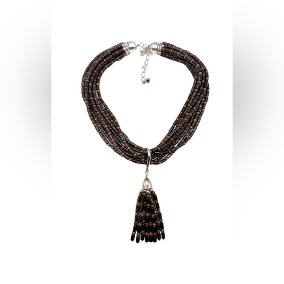 Jay King Sterling Silver Black Gold Coral Multi Strand Tassel Beaded Necklace